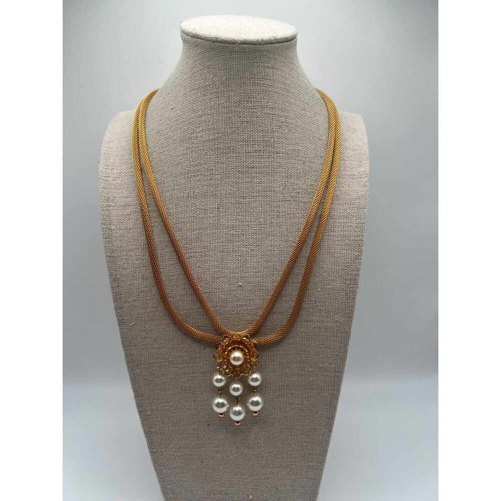 Vintage Gold Mesh Necklace Faux Pearl Drop Multi Strand Statement